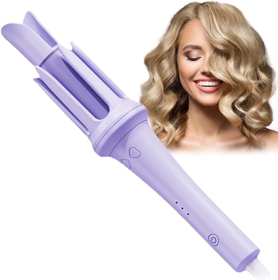 Purple hair curling iron with a woman with styled hair in the background