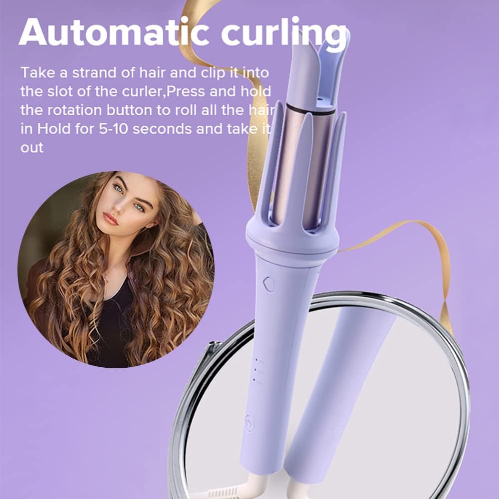 Hair curler with instructions and a woman with wavy hair on a purple background