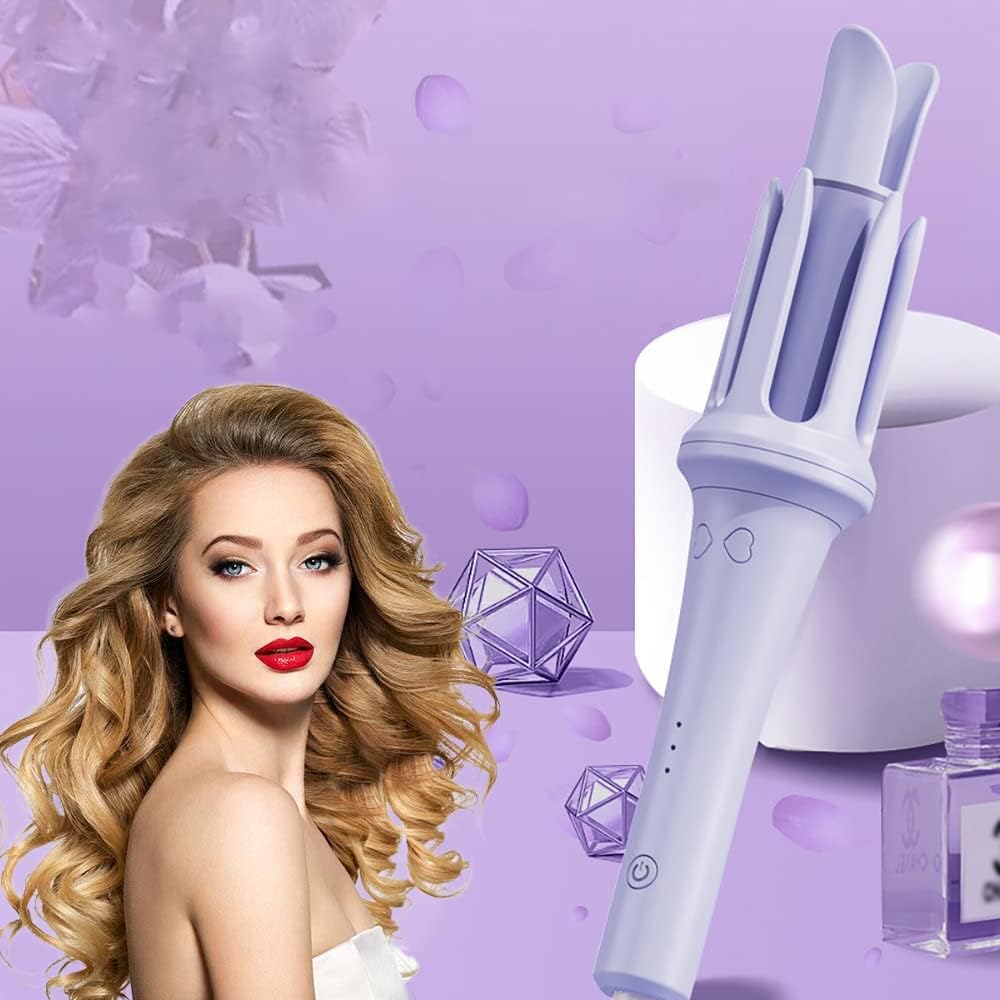 Woman with styled hair next to a hair styling tool on a purple background
