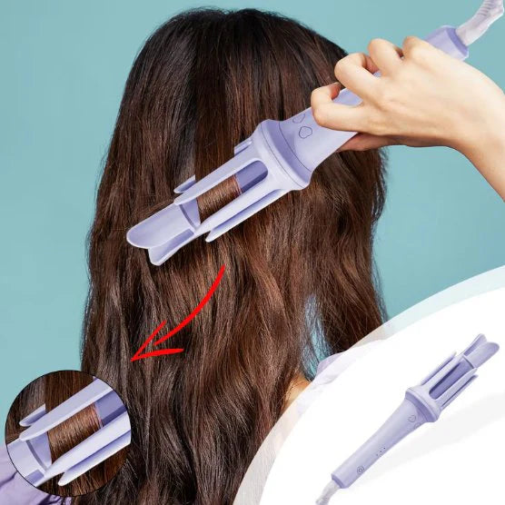 Person using a purple hair curling tool on their hair with a blue background