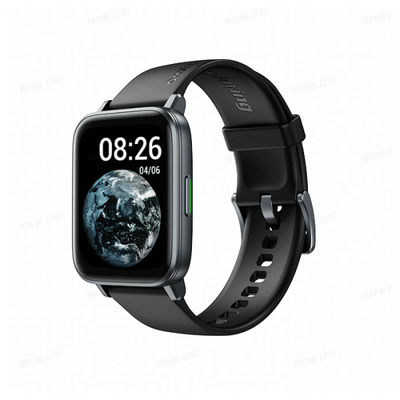 Black smartwatch with a display showing the time and date on a white background