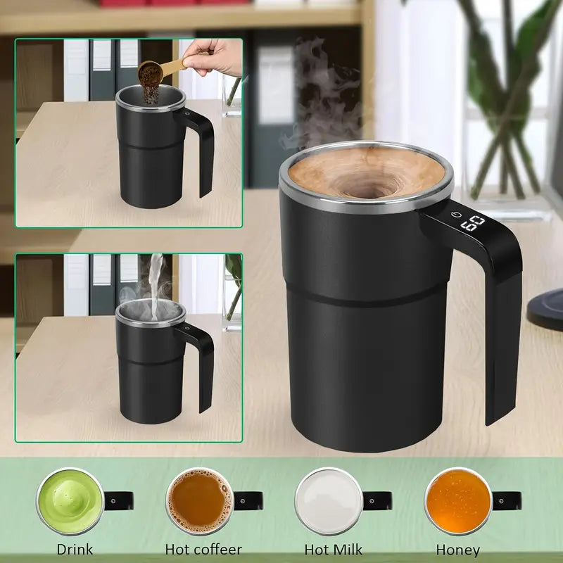Black electric coffee maker with various uses shown on a wooden surface.