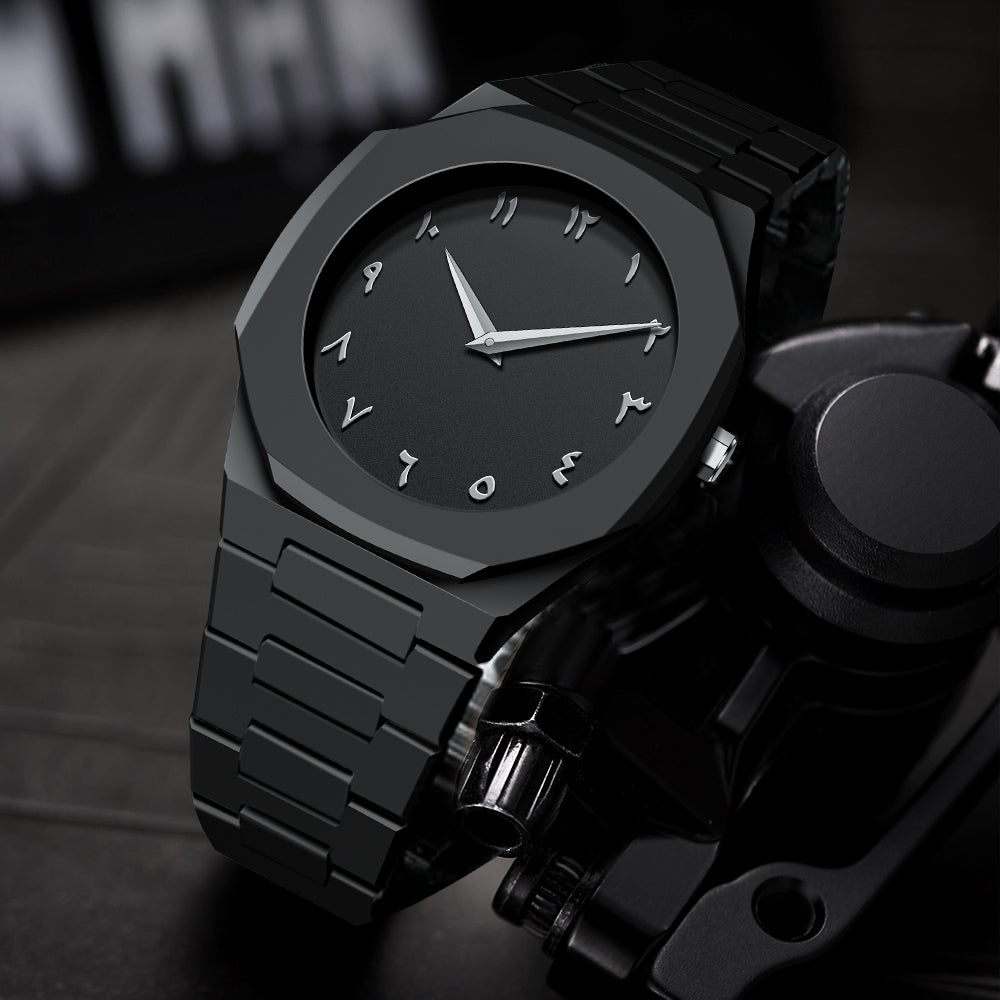 Black wristwatch with a unique design on a dark background