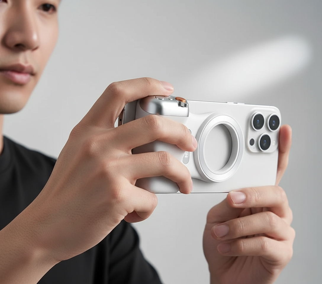 Person holding a white smartphone with a camera module on a plain background