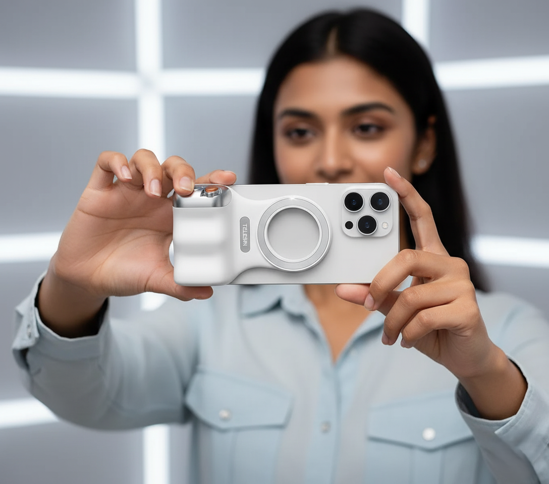 Person holding a white phone case with multiple camera lenses against a blurred background