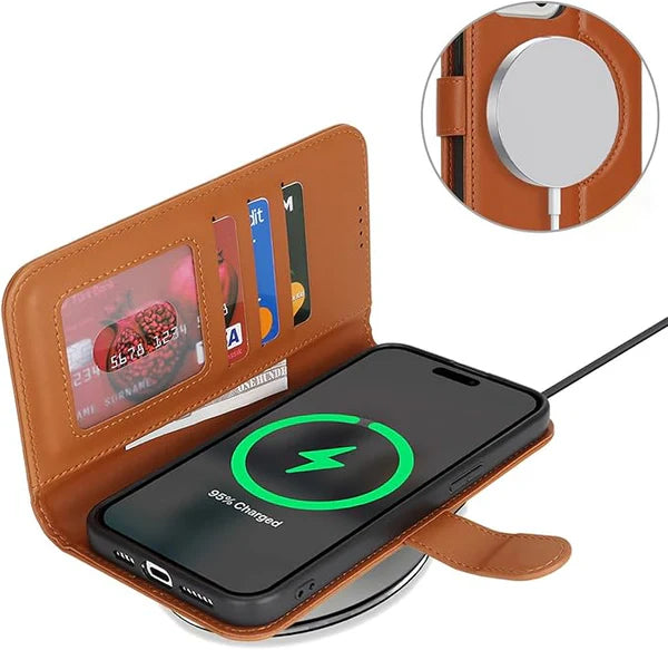 ZHUSE Wallet Wireless Power Bank – Premium Leather Magnetic Charger Wallet (Brown & Black Edition)