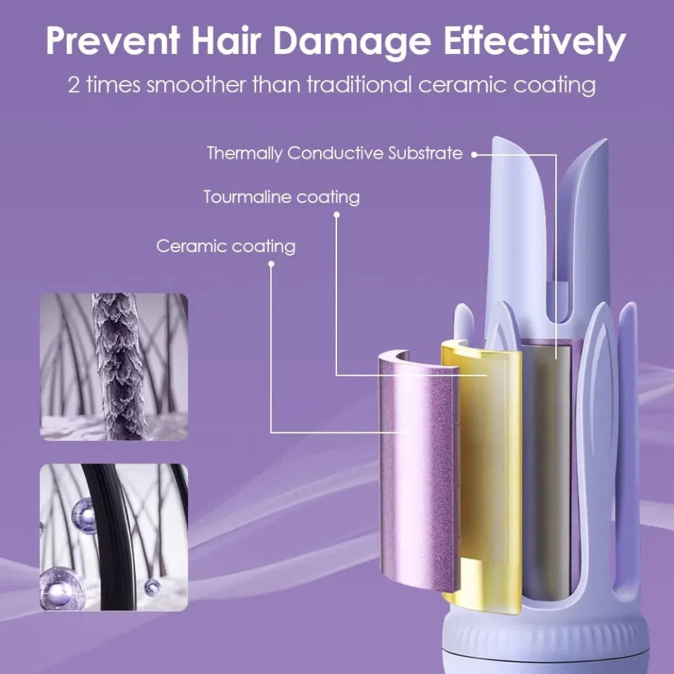 Hair straightener with technical details on a purple background
