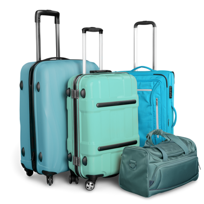 Set of teal suitcases and bags on a white background