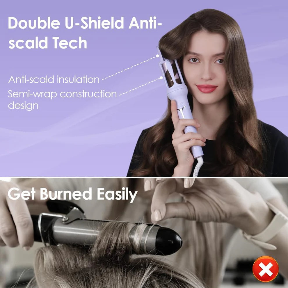 Woman holding a hair styling tool with text about Double U-Shield Anti-scald Tech on a purple background.