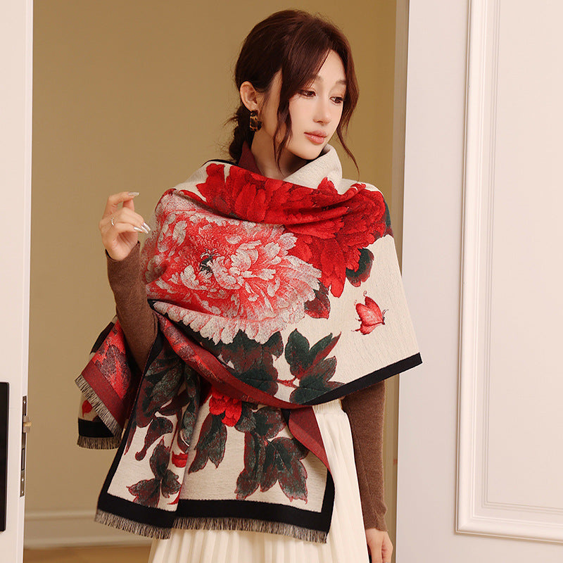 Retro Floral Warm Cashmere Scarf for Women – Thick, Soft & Stylish | Emirazaar UAE