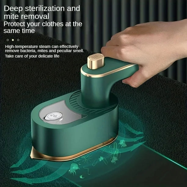 Green steam cleaner with text about deep sterilization and mite removal on a dark background