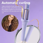 Hair curler with instructions and a woman with wavy hair on a purple background