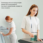 Woman using a flat iron and another person with a measuring tape, on a light gray background.