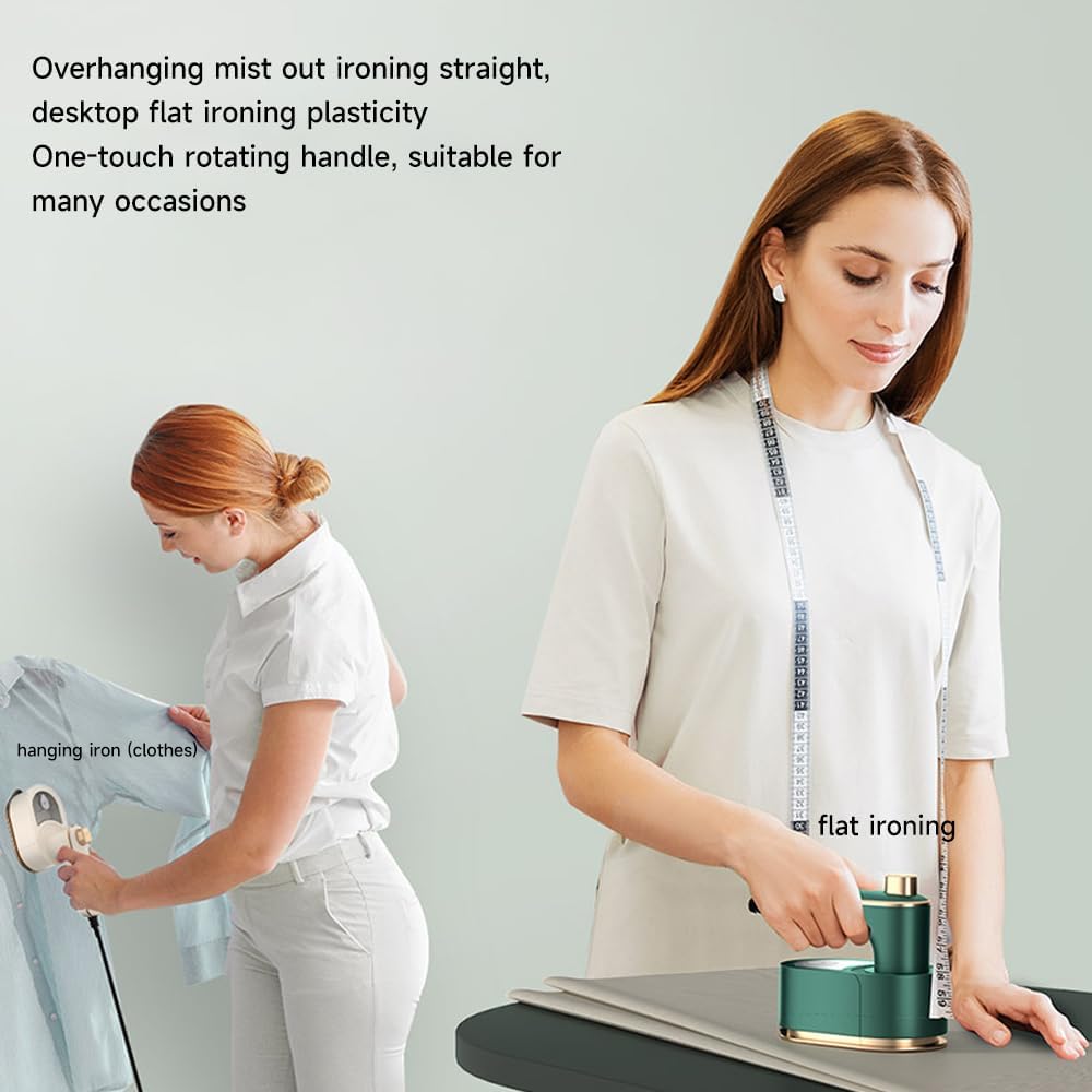 Woman using a flat iron and another person with a measuring tape, on a light gray background.