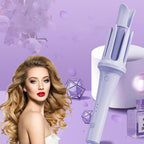 Woman with styled hair next to a hair styling tool on a purple background