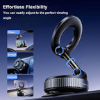Phone mount with adjustable arm on a dark blue background, showing flexibility for glass, screen, and console mounting.