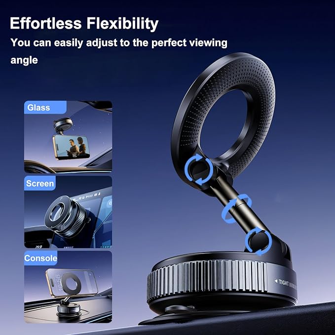 Phone mount with adjustable arm on a dark blue background, showing flexibility for glass, screen, and console mounting.