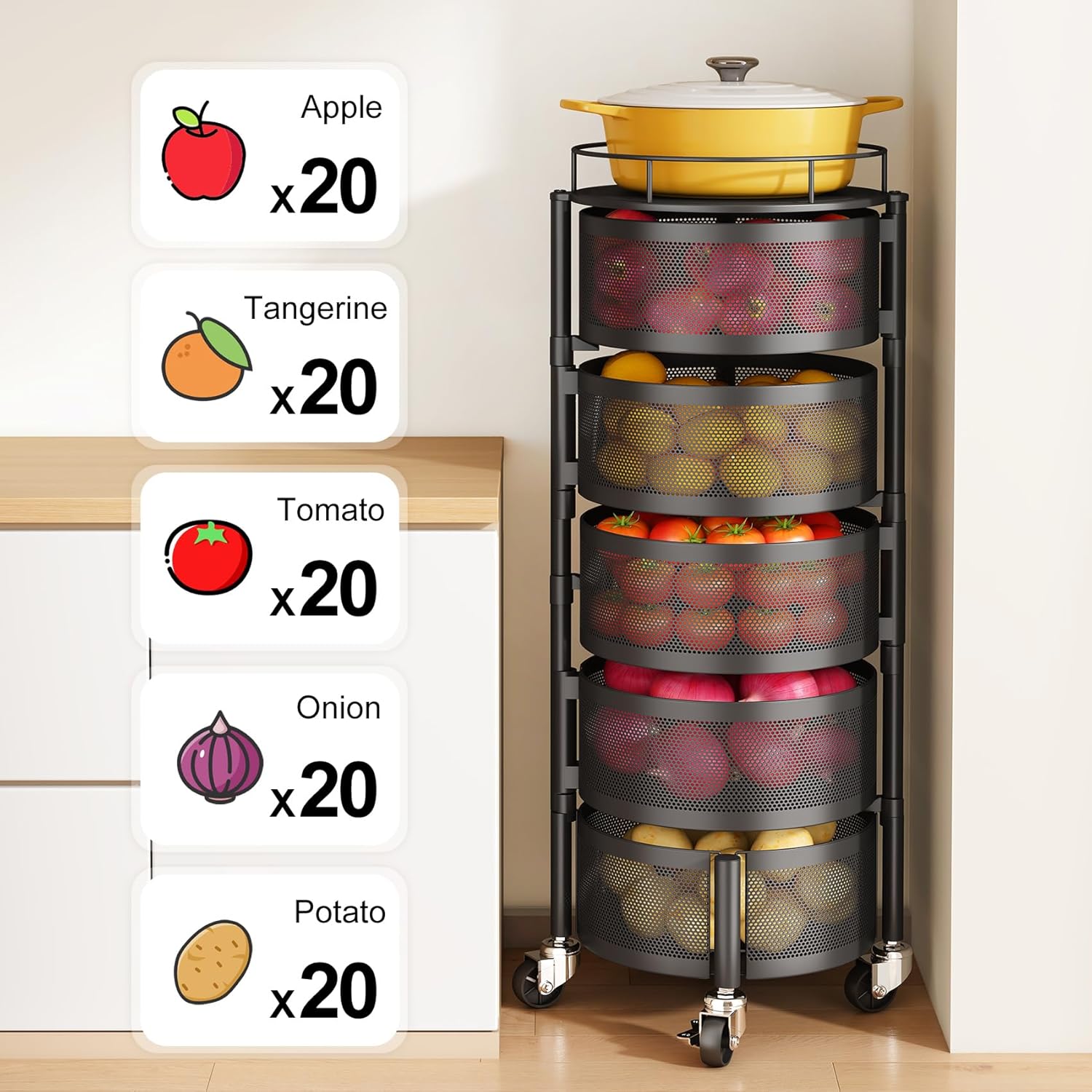 360° Rotating Fruit & Vegetable Basket Bowls with Wheels | Emirazaar