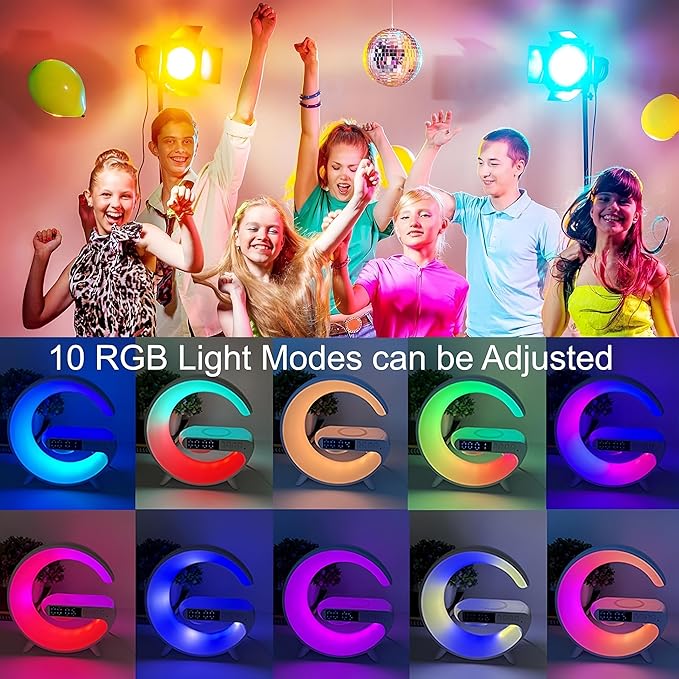 مصباح طاولة LED ذكي مع شاحن لاسلكي وإضاءة ليلية وساعة منبه ومكبر صوت بلوتوث