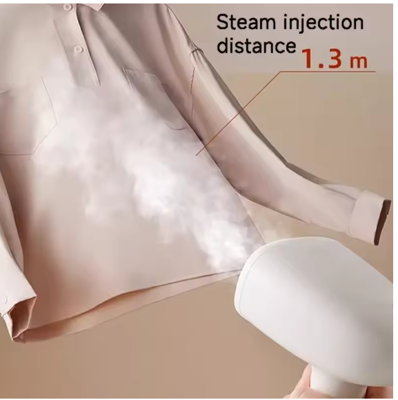 Steam iron being held above a shirt with text indicating steam injection distance.