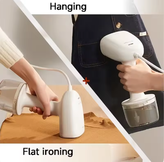 Handheld steamer being used for hanging and flat ironing on a white background.