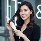 Woman using a hair curling iron with a blurred background