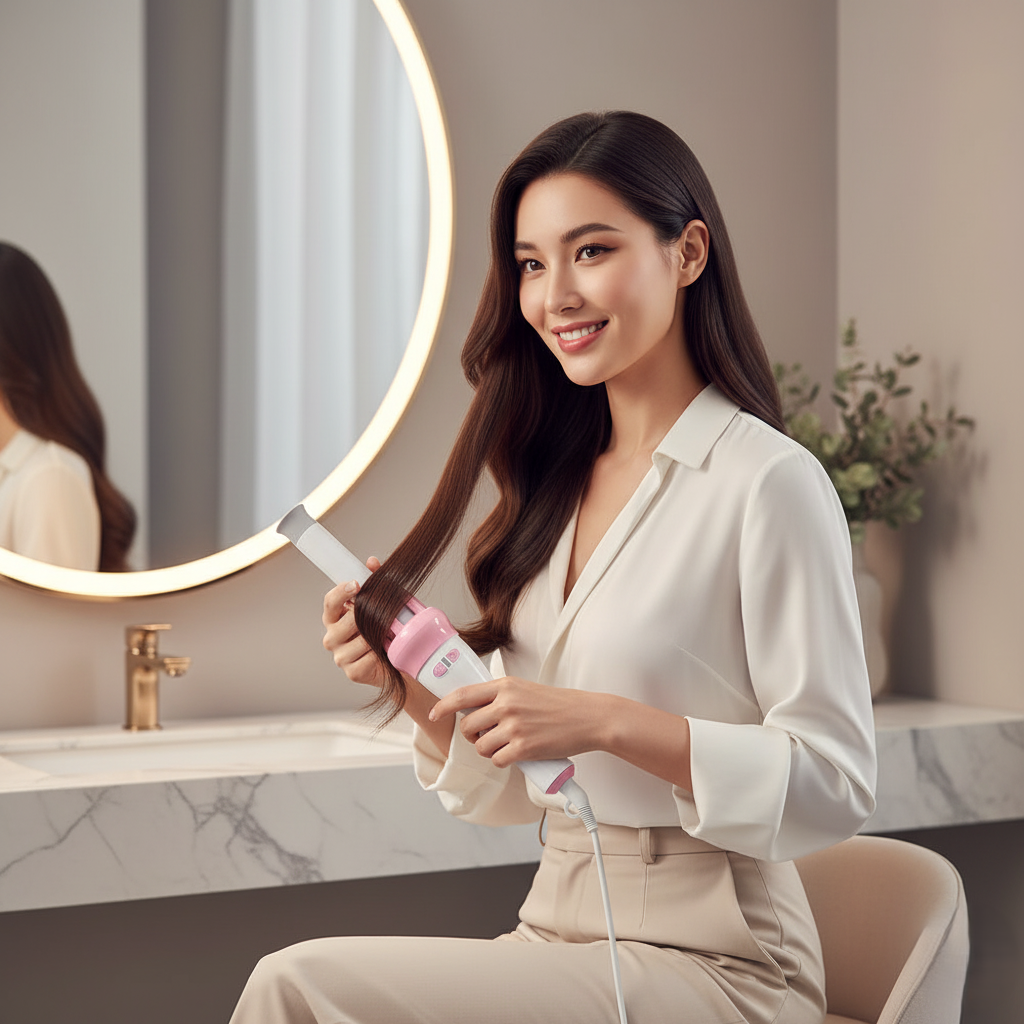 Woman styling her hair with a hair straightener in a bathroom setting