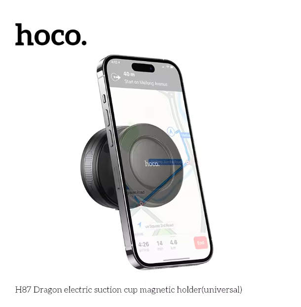 Hoco electric suction cup magnetic holder with smartphone on a white background