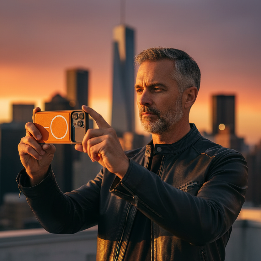 Man taking a photo of a city skyline at sunset