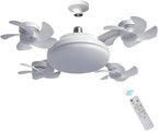 Ceiling fan with light fixture and remote control on a white background