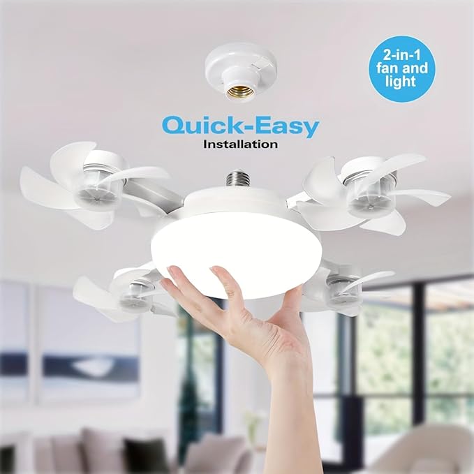 Ceiling fan with light fixture being installed, labeled 'Quick-Easy Installation' and '2-in-1 fan and light'.