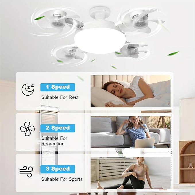 Ceiling fan with speed settings displayed on a white background