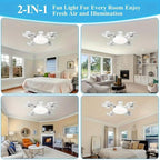 4-panel collage of a 2-in-1 fan light in various rooms with text '2-IN-1 Fan Light For Every Room Enjoy Fresh Air and Illumination'.