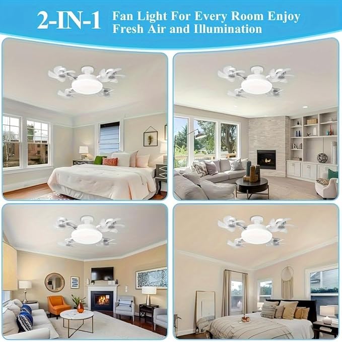 4-panel collage of a 2-in-1 fan light in various rooms with text '2-IN-1 Fan Light For Every Room Enjoy Fresh Air and Illumination'.