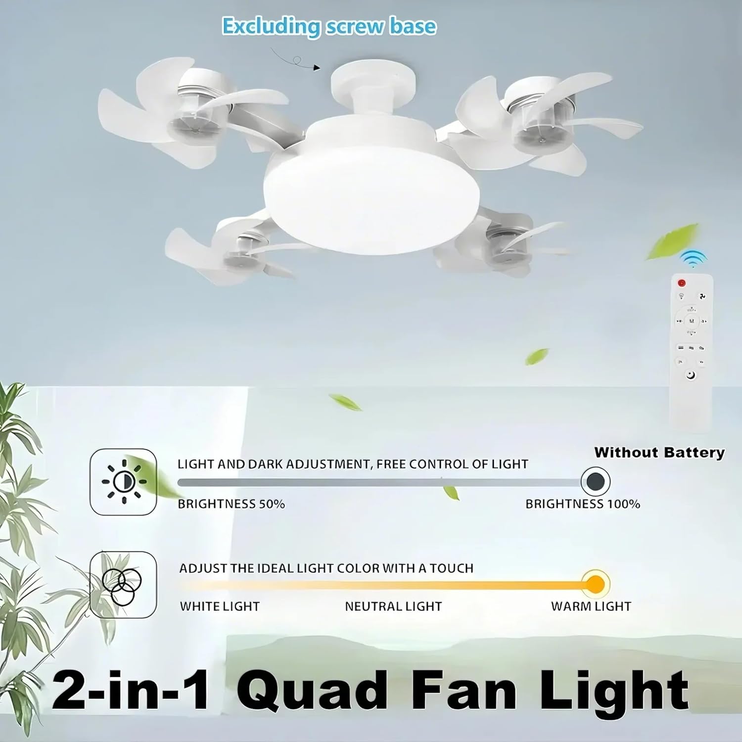 2-in-1 Quad Fan Light with remote control and light adjustment features on a light blue background.