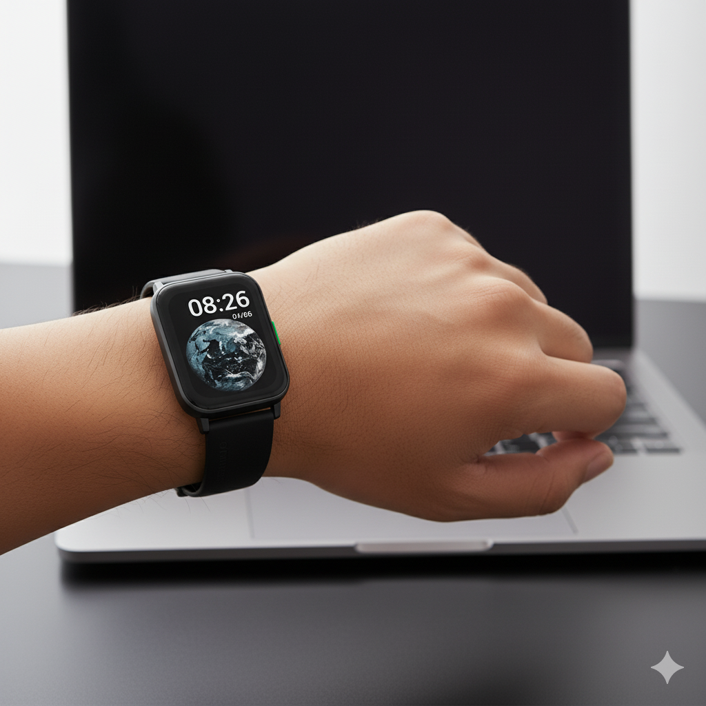 Person using a smartwatch with a laptop in the background