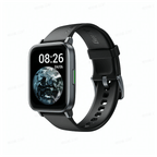 Black smartwatch with a display showing the time and date on a white background