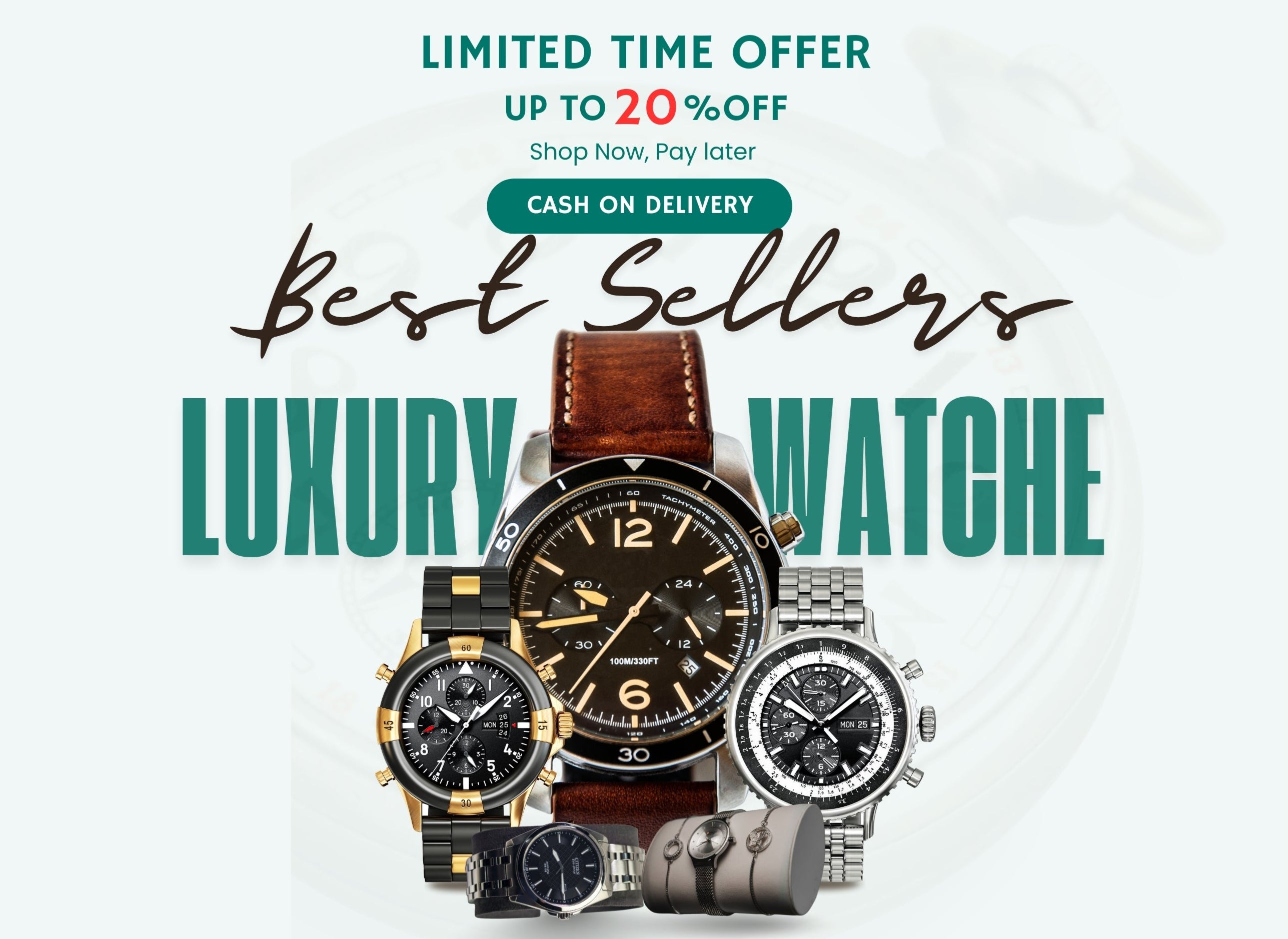 Promotional banner for luxury watches with text overlay on a light gray background