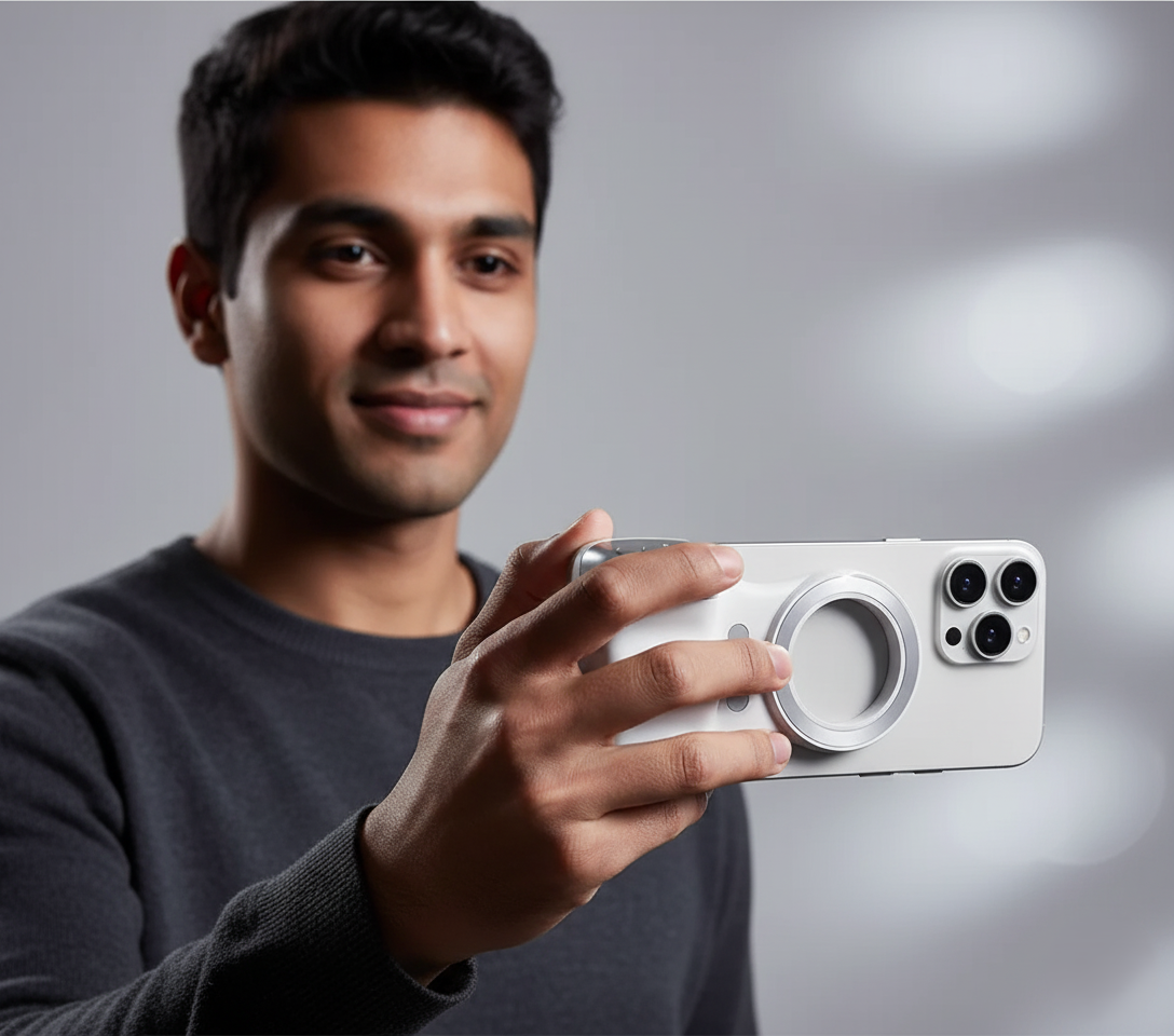 Man holding a smartphone with a metallic ring on a gray background