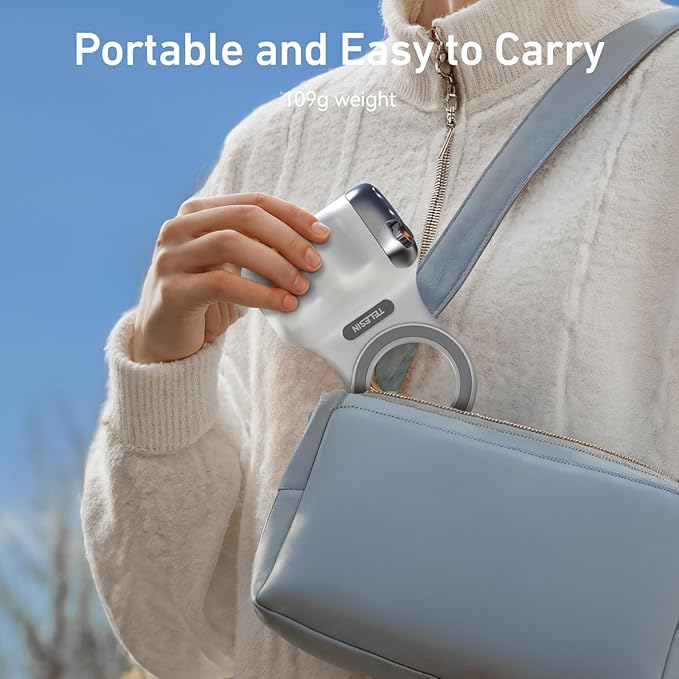 Person holding a small, portable device with text 'Portable and Easy to Carry' and weight information.