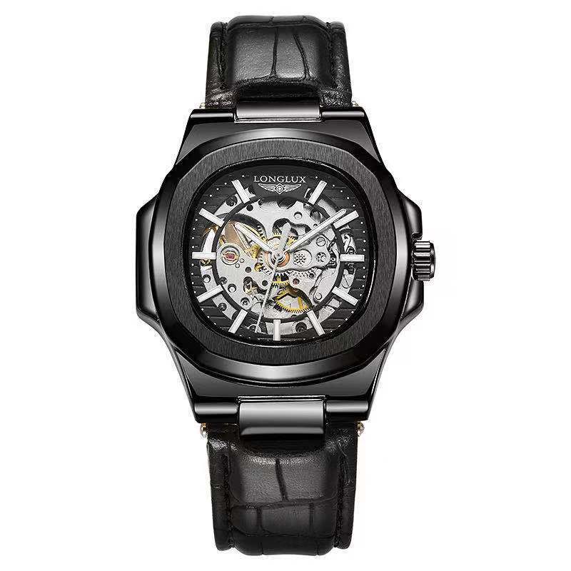 Black wristwatch with visible brand name on a white background