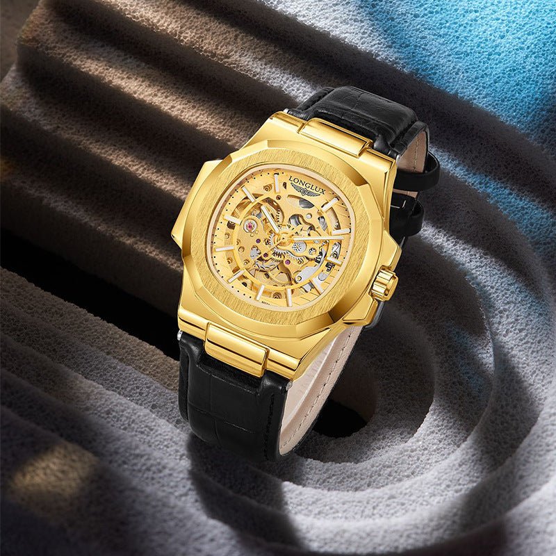 Barrel-Shaped Men’s Leather Strap Waterproof Mechanical Watch – Luxury Timepiece UAE