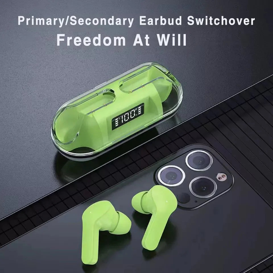 Green wireless earbuds with charging case on a black surface, text 'Primary/Secondary Earbud Switchover Freedom At Will'.