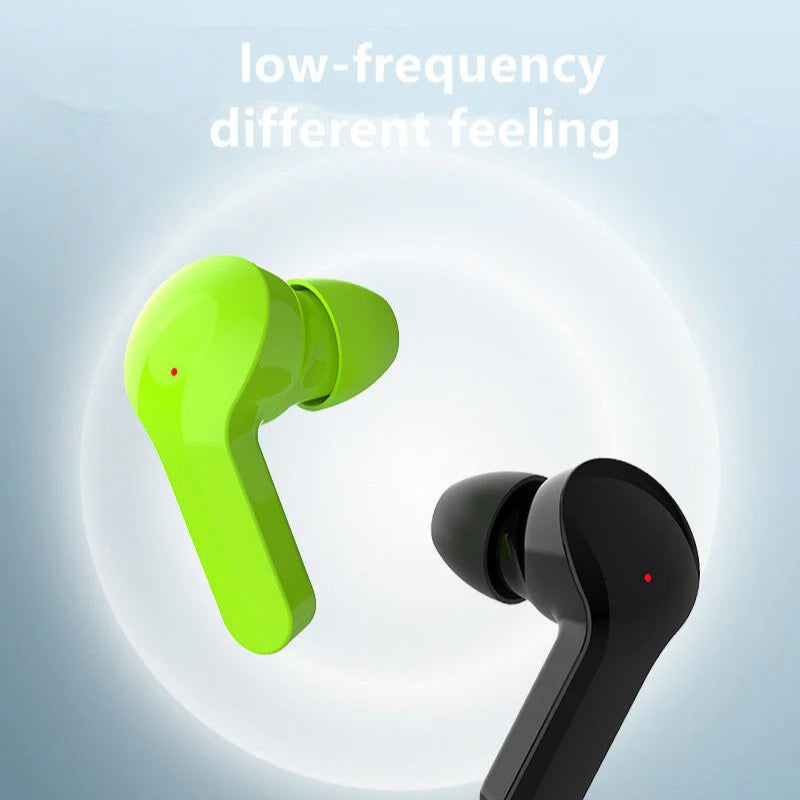 Green and black wireless earbuds on a light blue background with text 'low-frequency different feeling'.