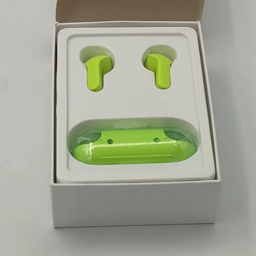 Green wireless earbuds in open box with packaging labeled 'AIR 33' on a gray background
