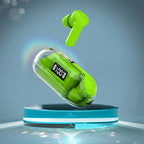 Green wireless earbuds with charging case on a reflective surface