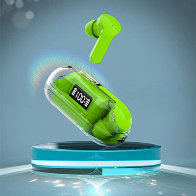 Green wireless earbuds with charging case on a reflective surface
