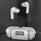 White wireless earbuds with charging case on a reflective surface