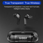 Black wireless earbuds with transparent design and charging case on a dark background