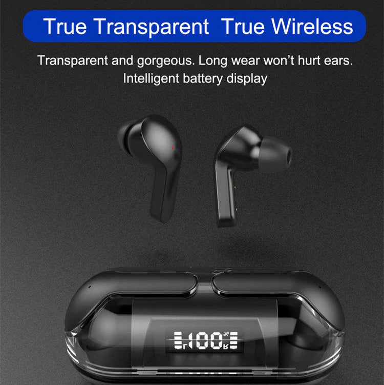 Black wireless earbuds with transparent design and charging case on a dark background